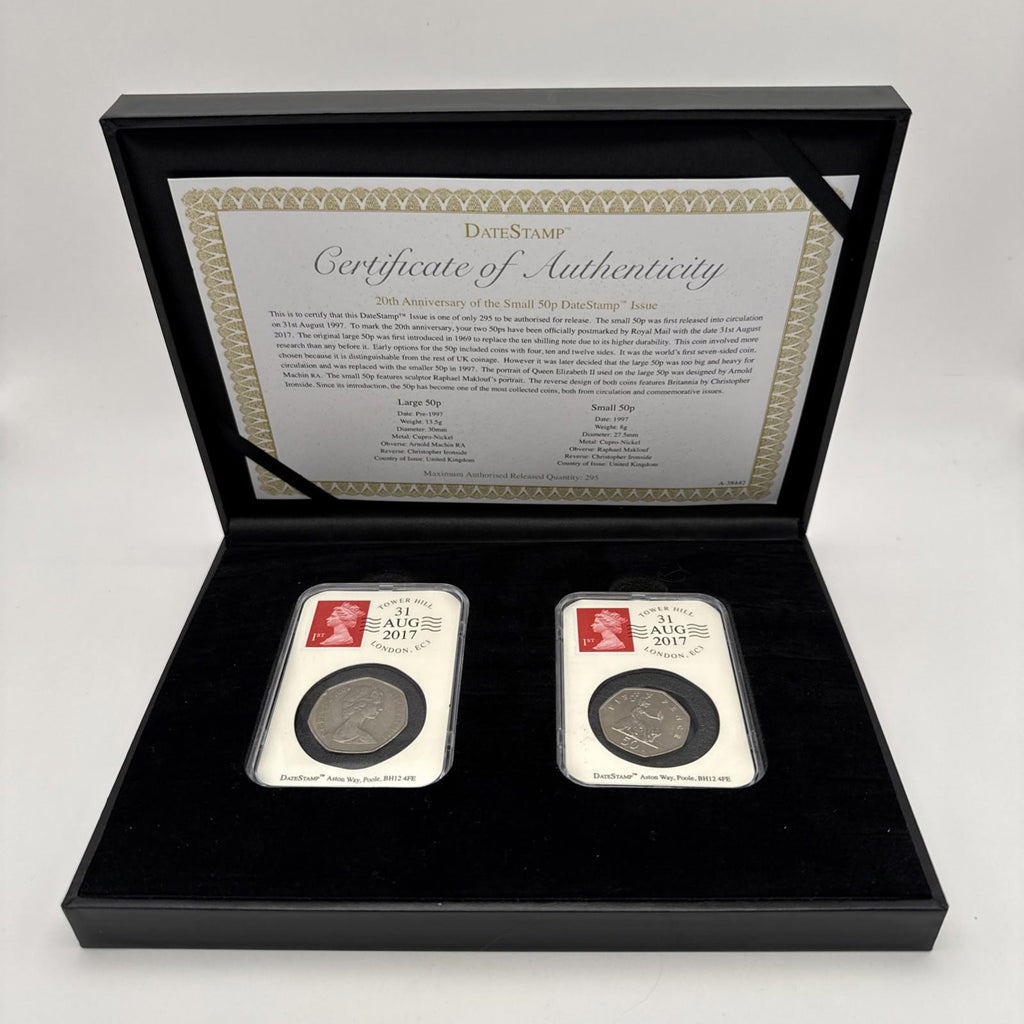 Date stamp 20th Anniversary Of The Small 50p Coin Boxed With COA