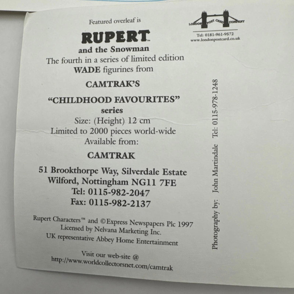 Camtrak Childhood Favourites by Wade No. 4 Rupert & the Snowman Limited Ed COA