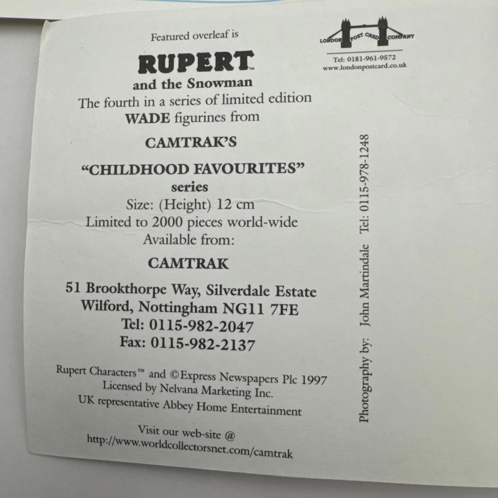 Camtrak Childhood Favourites by Wade No. 4 Rupert & the Snowman Limited Ed COA