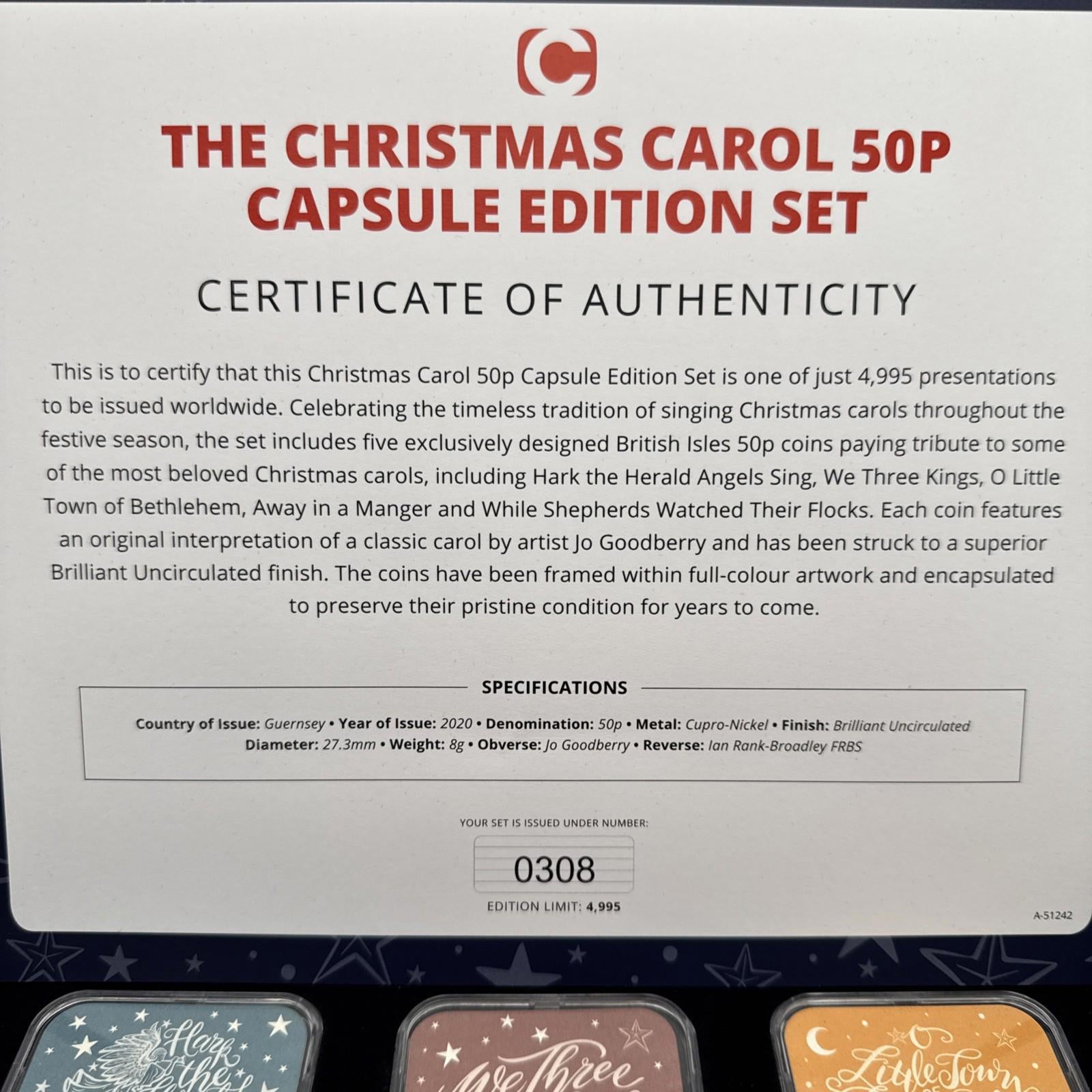 2020 The Christmas Carol 50p Capsule Coin Collection Guernsey with COA