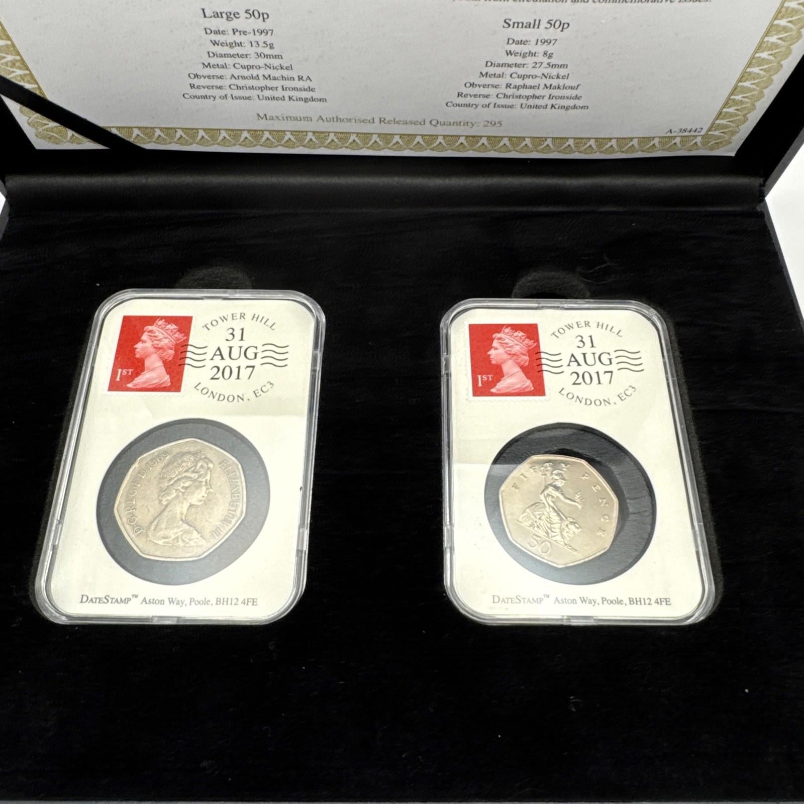 Date stamp 20th Anniversary Of The Small 50p Coin Boxed With COA
