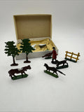 Vintage Metal Toys 1/72 Scale Dogs Trees Cow Fence Huntsman Chicken Swans