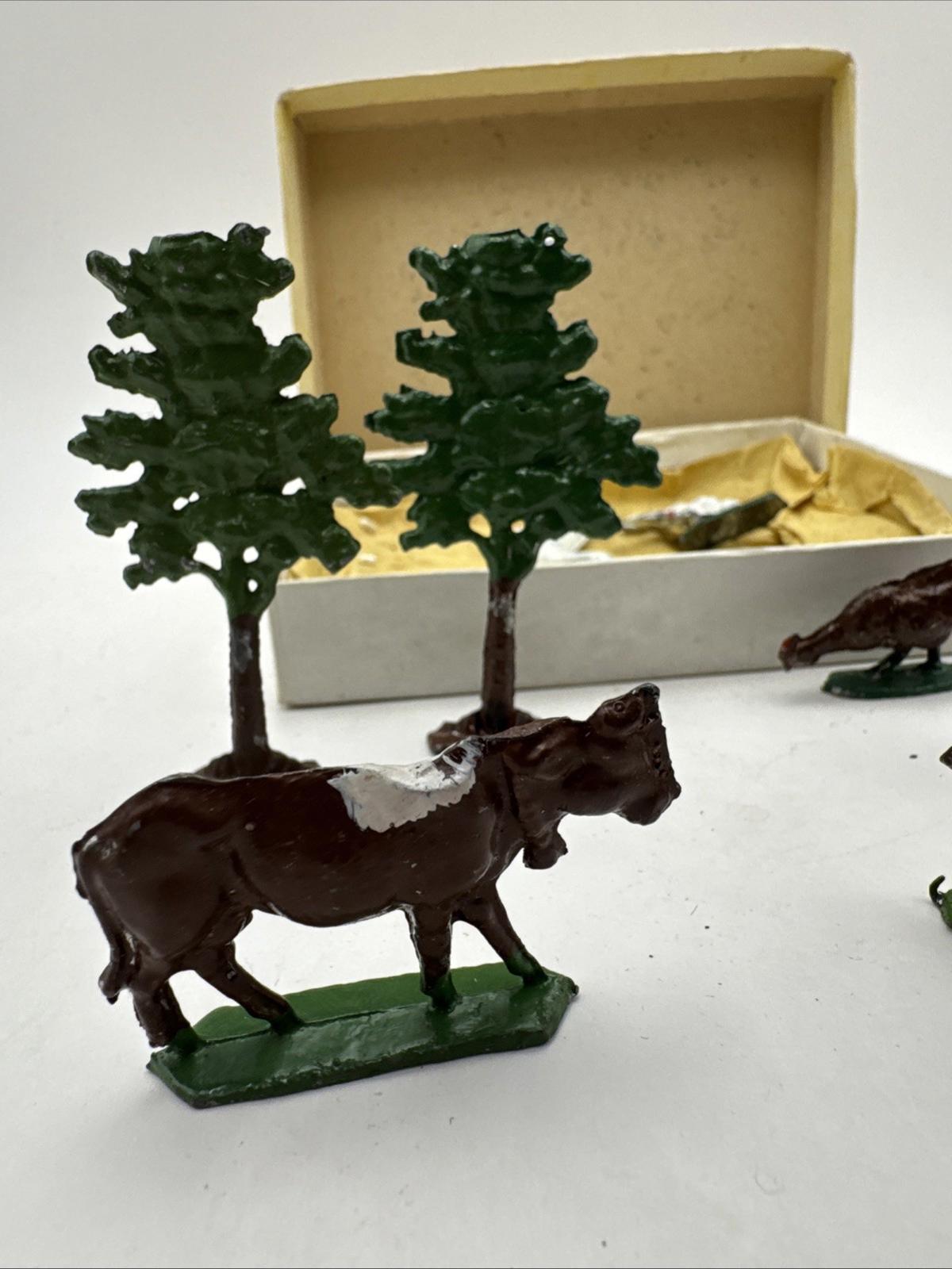 Vintage Metal Toys 1/72 Scale Dogs Trees Cow Fence Huntsman Chicken Swans