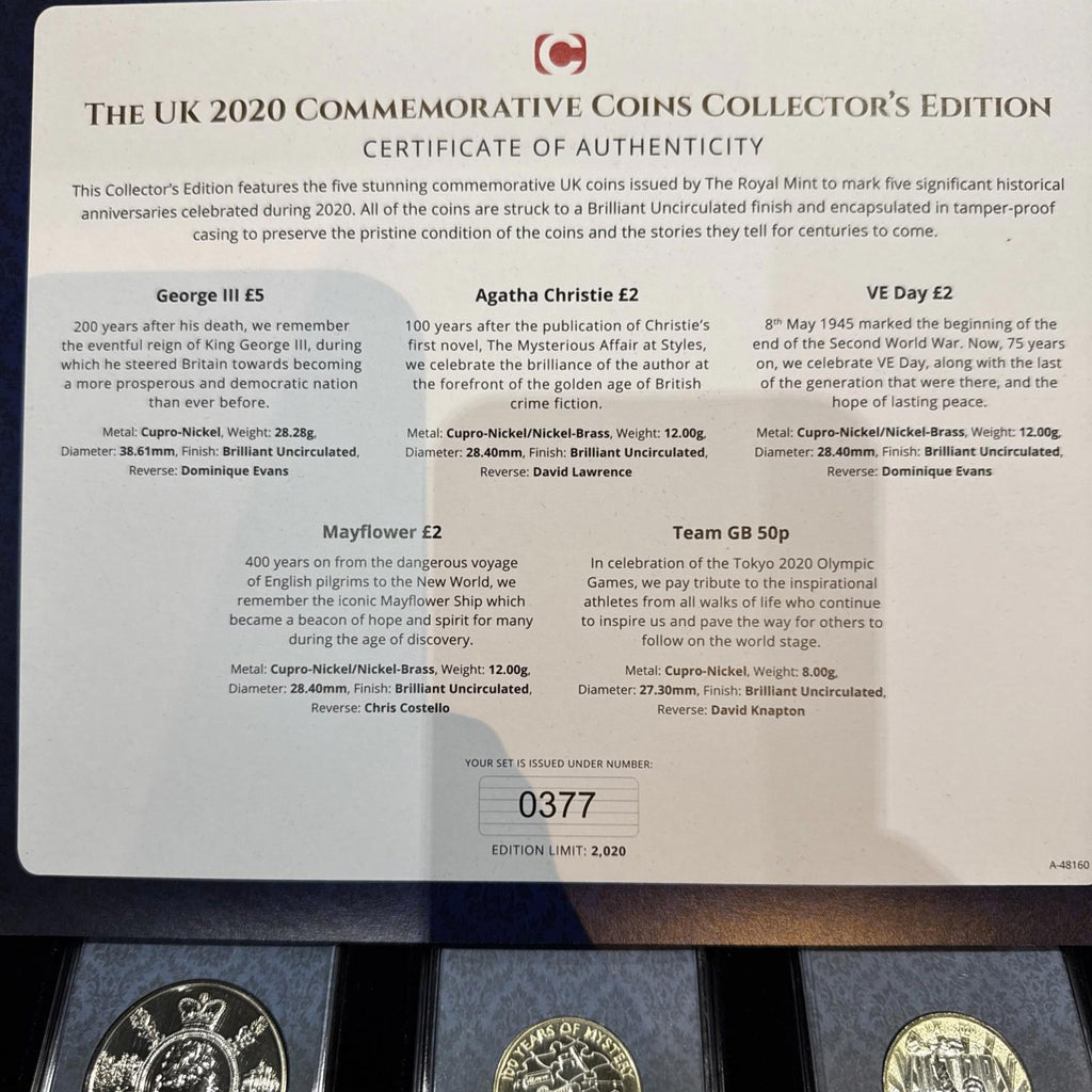 The UK 2020 Commemorative Coins Collectors Edition - 5 Coins Set With COA 0377