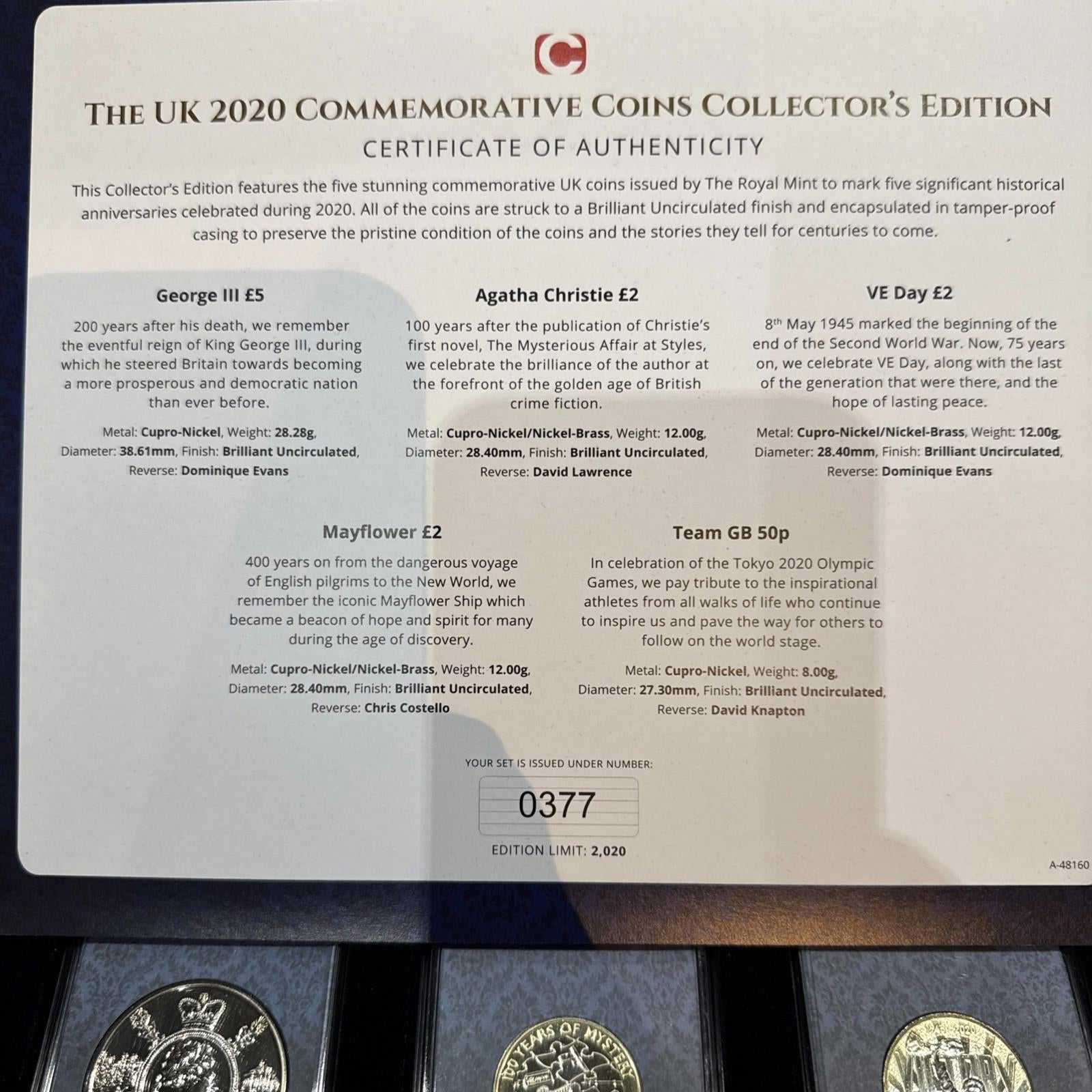 The UK 2020 Commemorative Coins Collectors Edition - 5 Coins Set With COA 0377