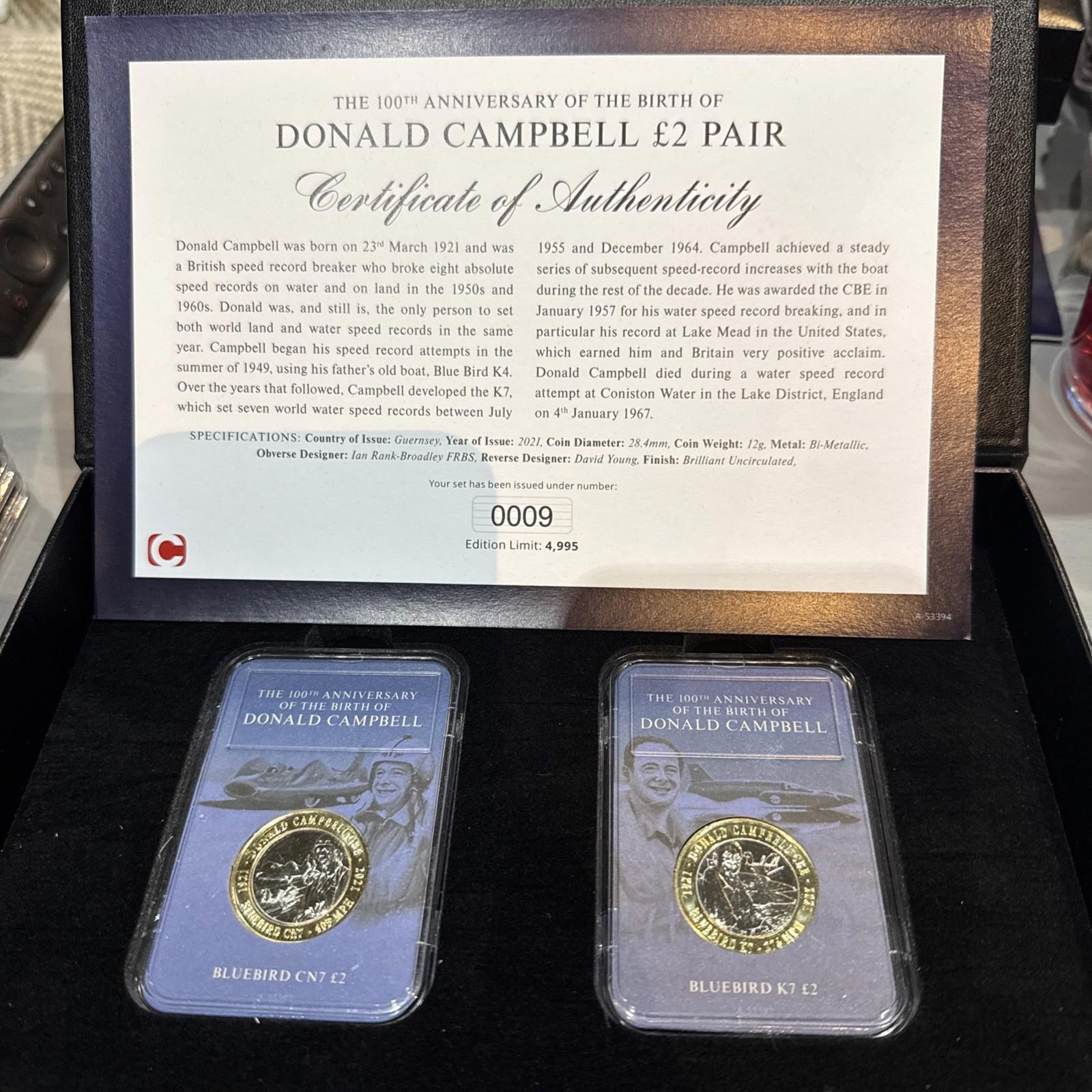 The 100th Anniversary Of Donald Campbell £2 Pair BU Coins With COA
