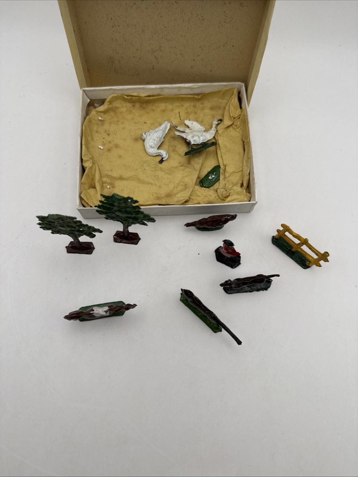Vintage Metal Toys 1/72 Scale Dogs Trees Cow Fence Huntsman Chicken Swans