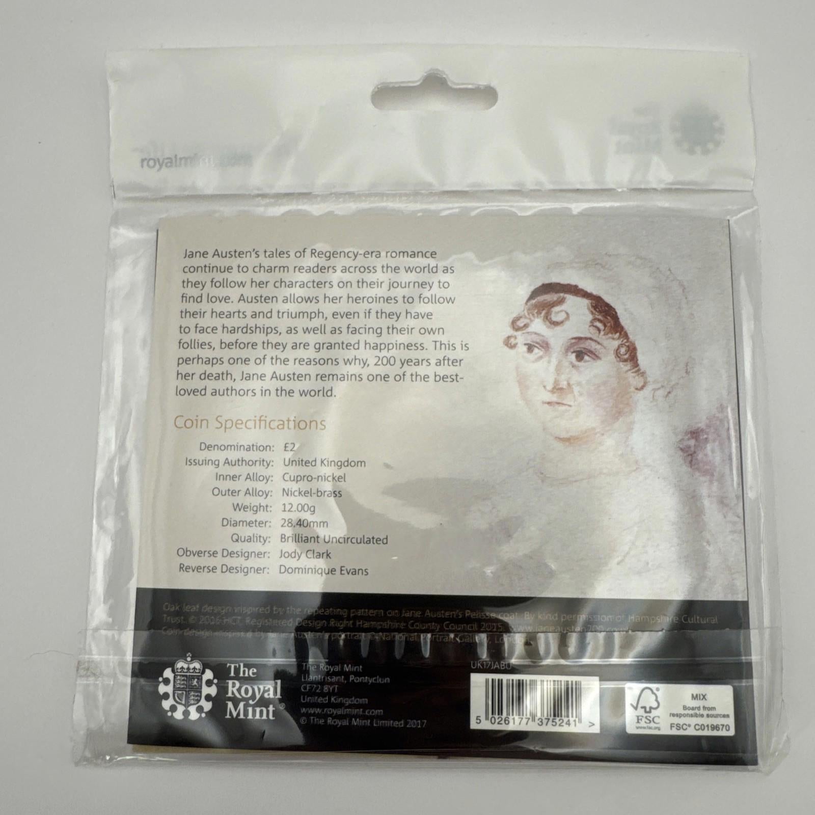 The Royal Mint £2 Coin Jane Austen Brilliant Uncirculated Coin