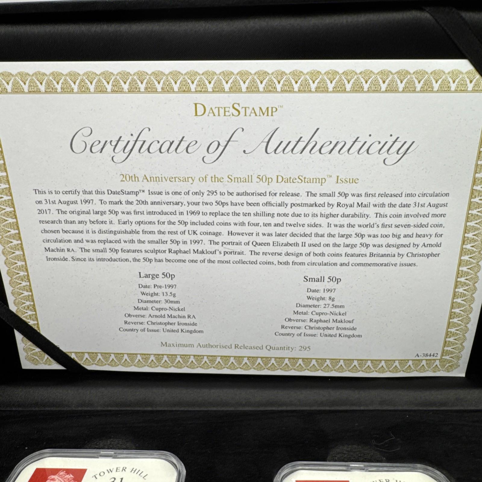 Date stamp 20th Anniversary Of The Small 50p Coin Boxed With COA