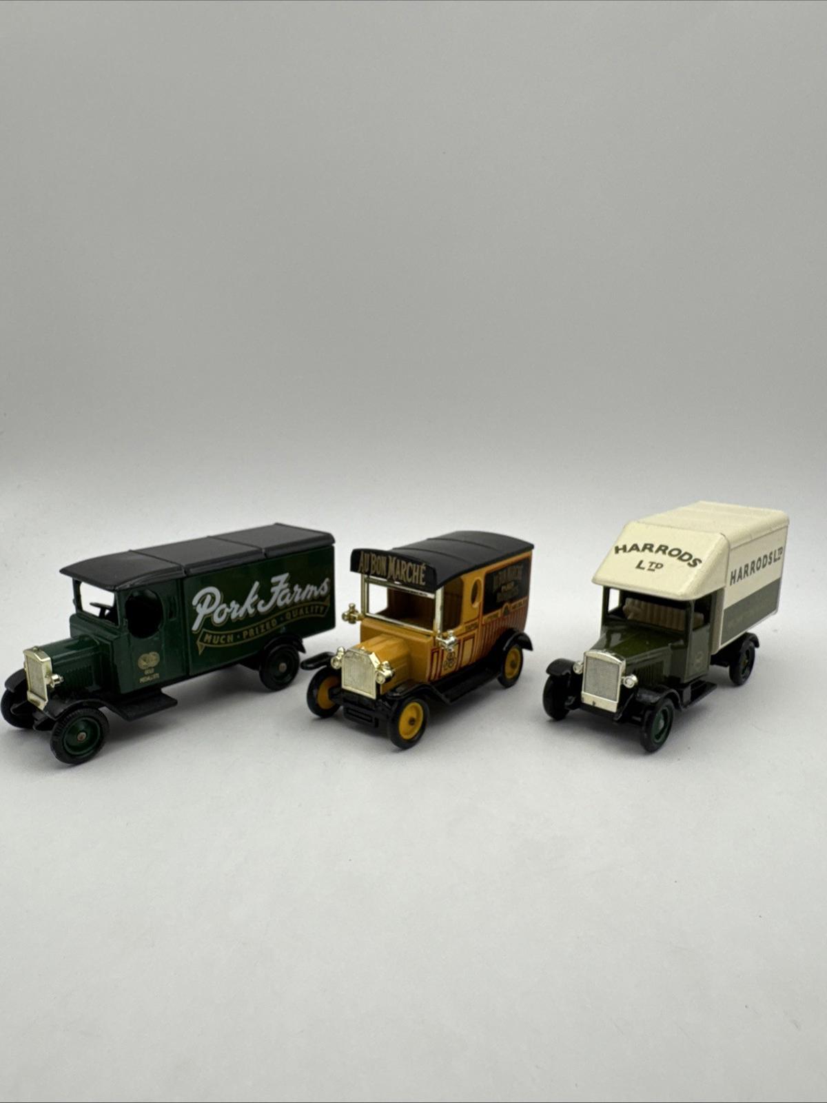3 X Lledo Days Gone Promotional Delivery Vans Harrods Pork Farms Au Bon Marche