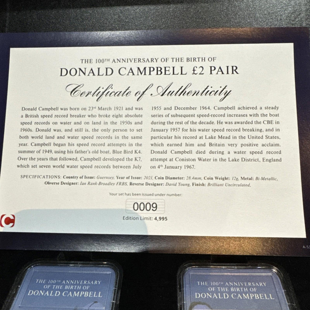 The 100th Anniversary Of Donald Campbell £2 Pair BU Coins With COA